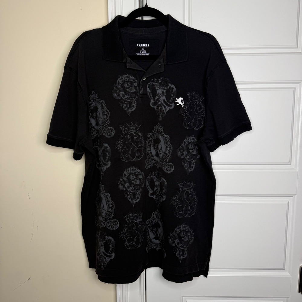 Vintage Express Polo Shirt Mens XL Black Graphic Crest Lion Logo Distressed Y2K